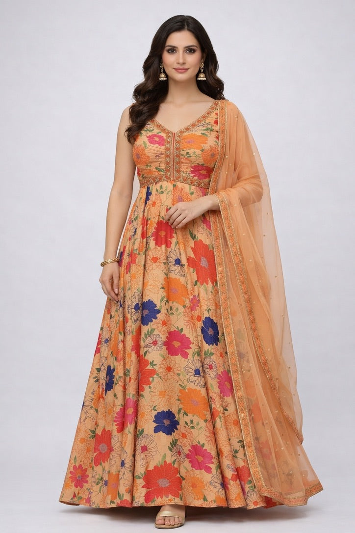 Chinon Orange Floral Long Frock