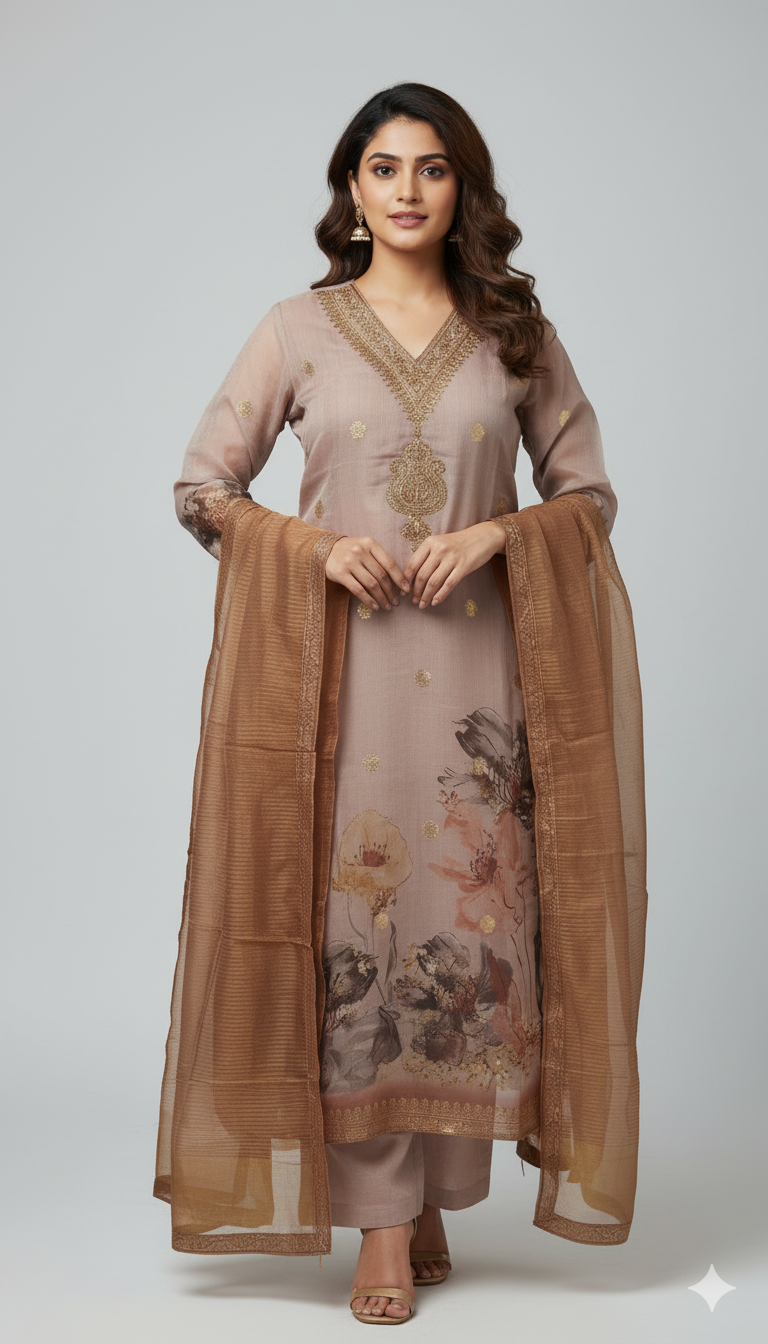 Brown Floral Kurti with Embroidery
