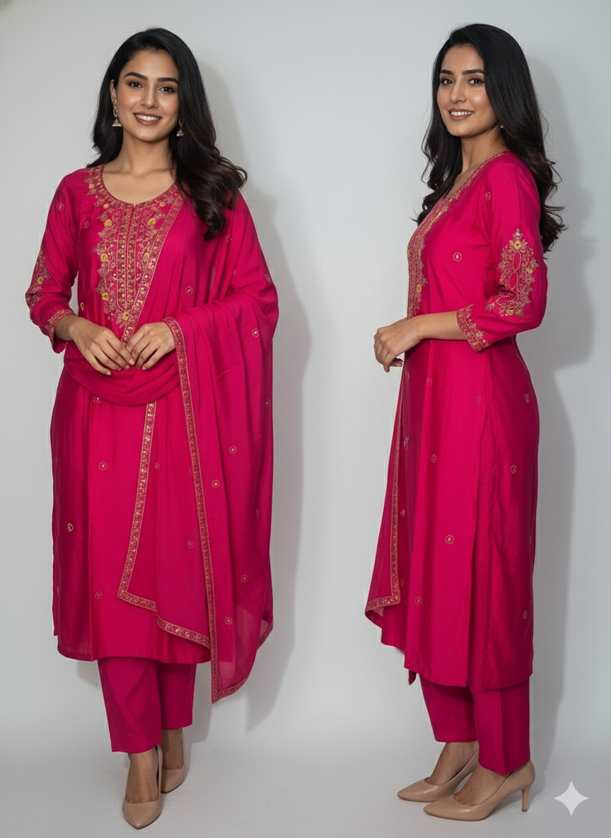 Pink Embroidery Straight Kurti