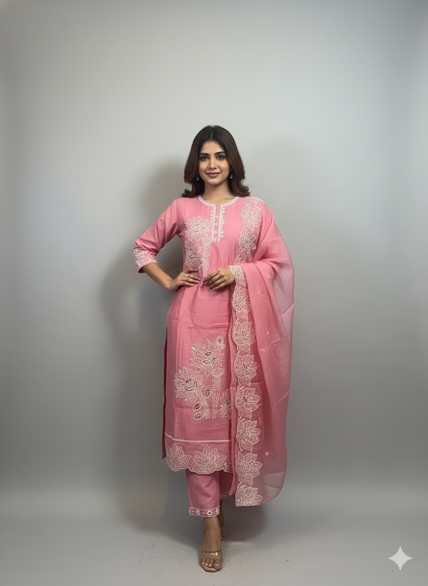 Pink Embroidery Cut Work Kurti