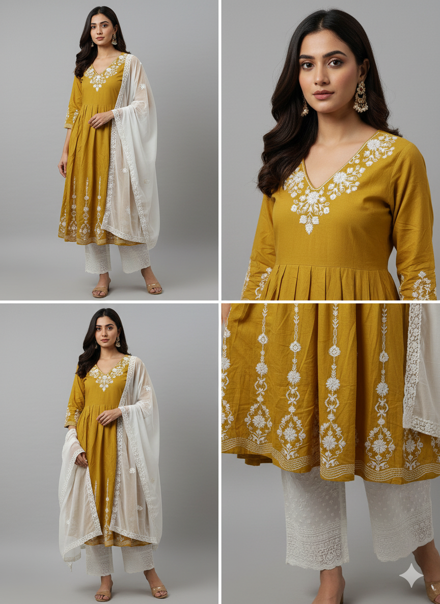 Mustard Yellow Thread Work Kurti