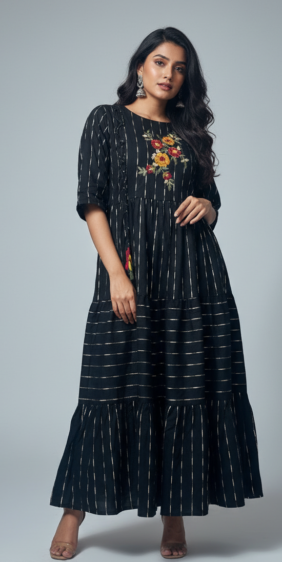 Black Thread Work Indo Western Long Frock