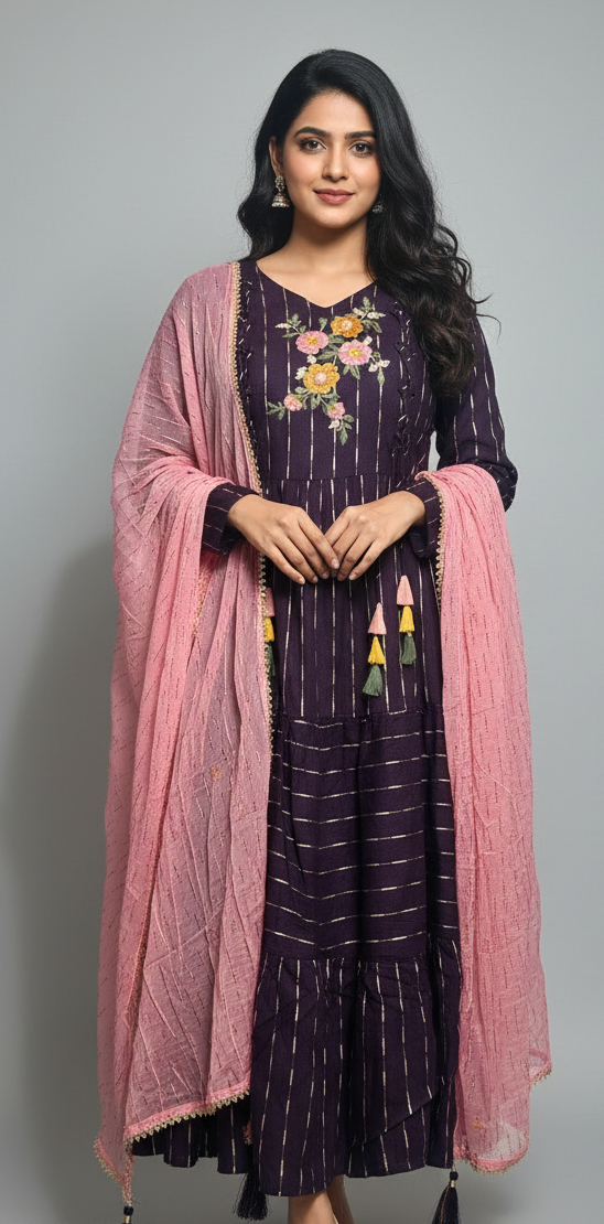 Wine Color Thread Work Long Frock