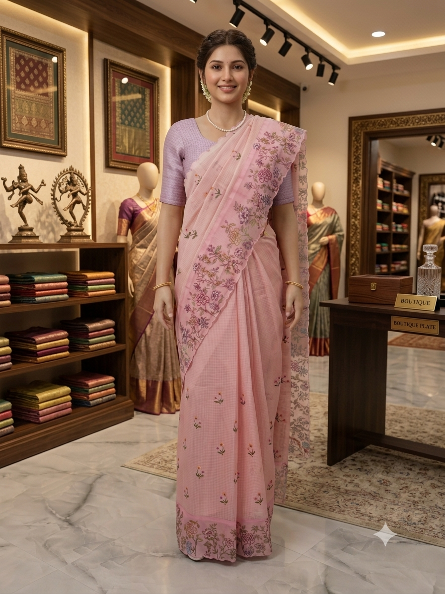 Premium Pink Fancy Kota Saree with Cross-Stitch Embroidered Border & Floral Butis