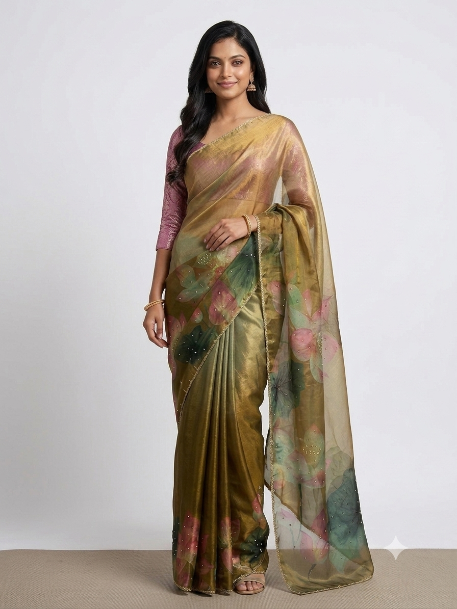 The Lotus Serenade: Olive Gold Satin Tissue Saree with Hand-Painted Style Florals