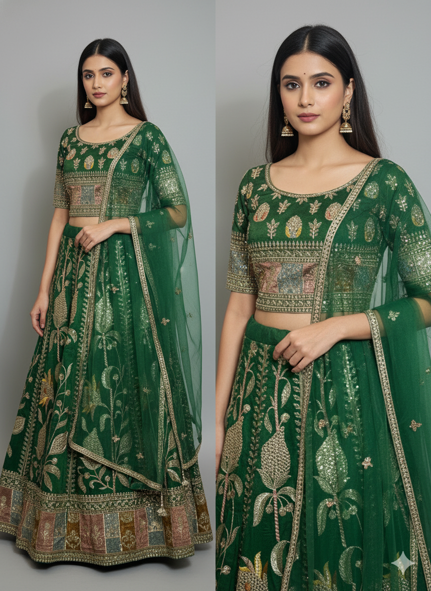 Emerald Gold Heavy Embroidery Lehenga