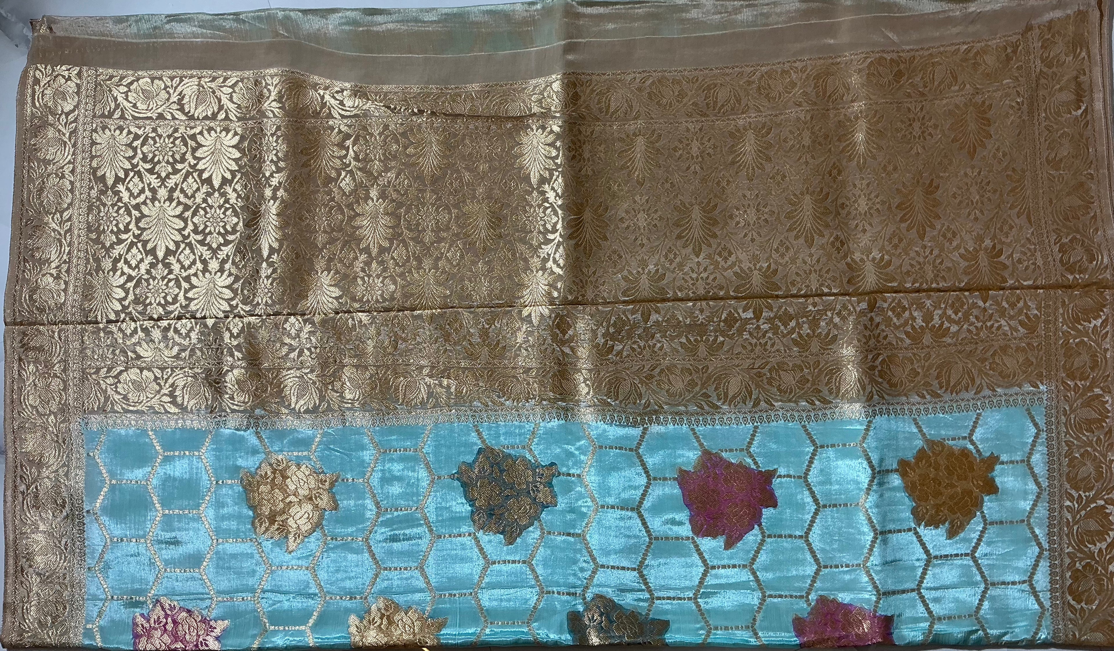 Elegant Firoza Blue Chinon Fabric Saree with Traditional Woven Border & Blouse