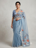 The Pastel Bloom: Ice Blue Premium Organza Saree with 3D Floral Applique