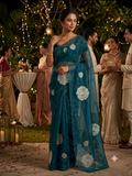 The Midnight Bloom: Peacock Blue Sheer Crush Organza Saree with Elegant Floral Medallions