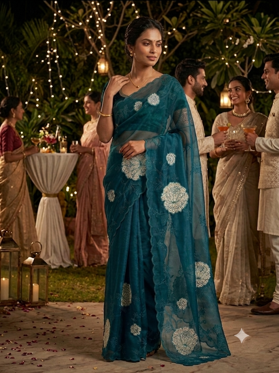 The Midnight Bloom: Peacock Blue Sheer Crush Organza Saree with Elegant Floral Medallions