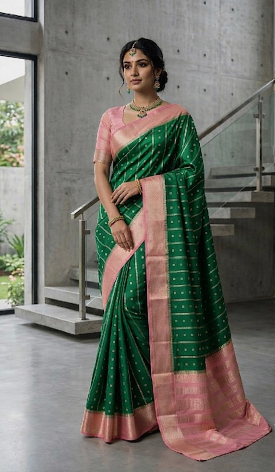 The Vintage Jade: Emerald Green Paper Silk Saree with Contrast Pastel Peach Border