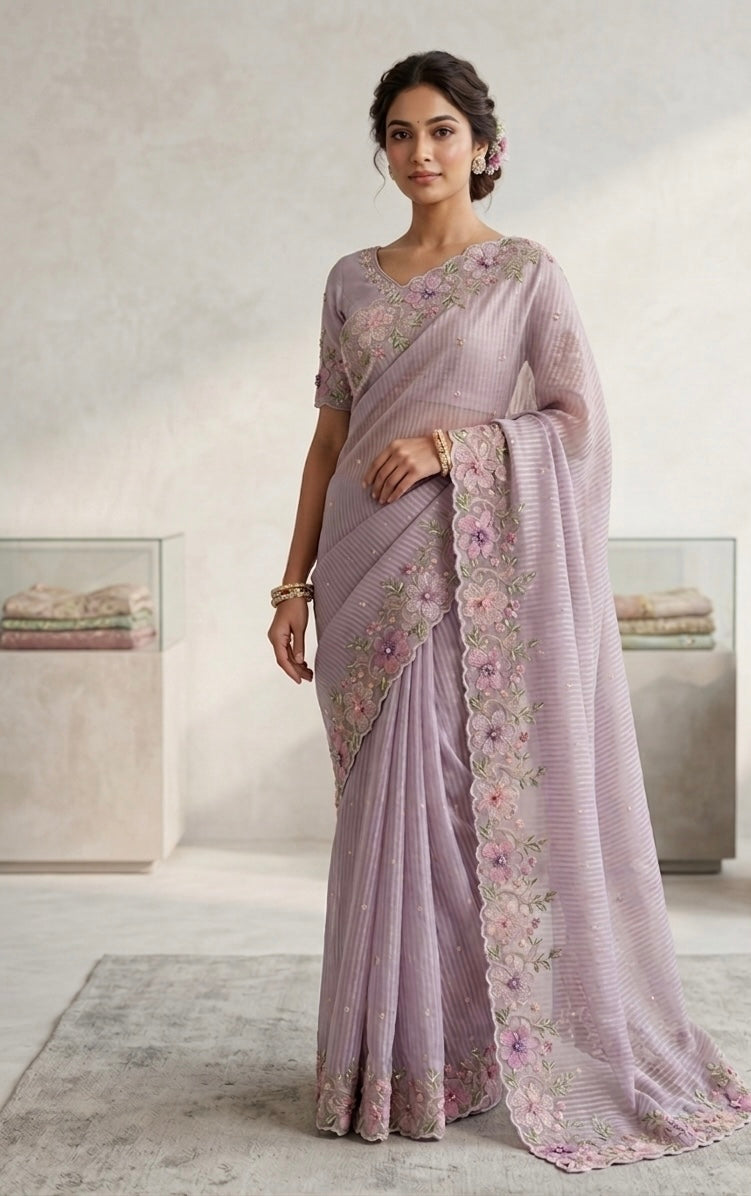 The Lilac Blossom: Premium Metallic Tissue Saree with Intricate Floral Borders
