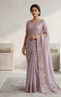 The Lilac Blossom: Premium Metallic Tissue Saree with Intricate Floral Borders
