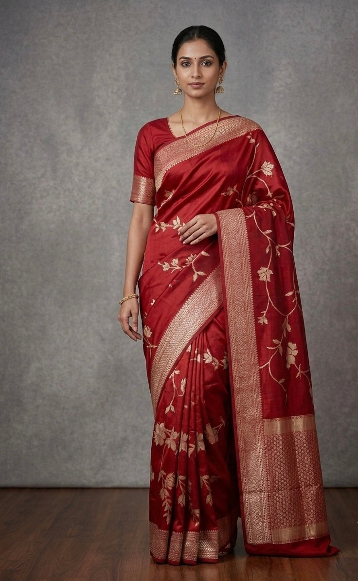 The Crimson Heritage: Banarasi Paper Silk Saree in Rich Red with Zari Vine Motifs