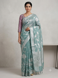 The Sage Meadow: Sea Green Kora Organza Silk Saree with Silver Zari Vine Borders