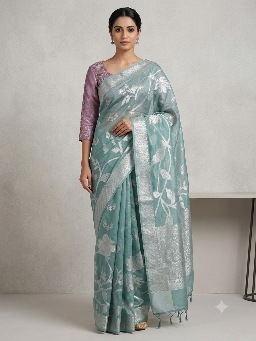 The Sage Meadow: Sea Green Kora Organza Silk Saree with Silver Zari Vine Borders