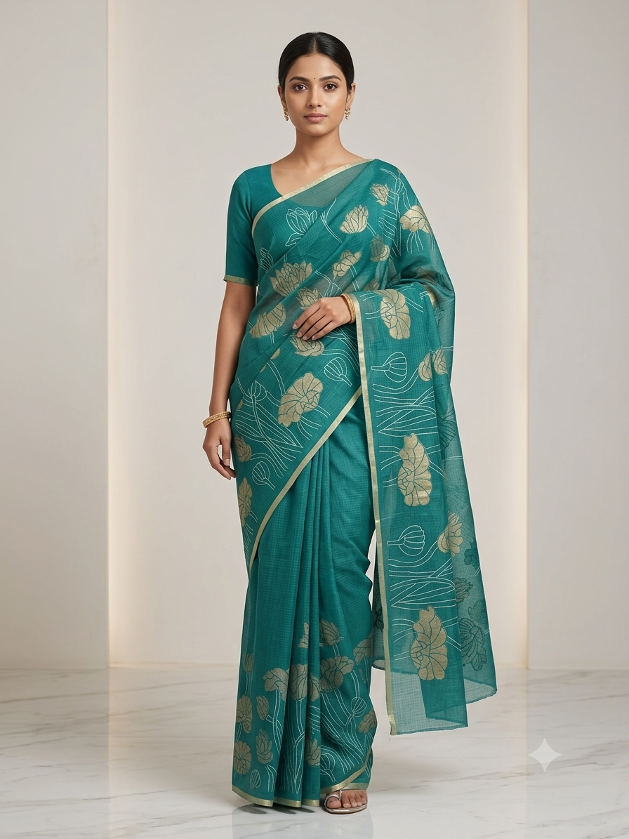 The Lotus Pond: Deep Teal Kota Silk Saree with Antique Gold Botanical Art
