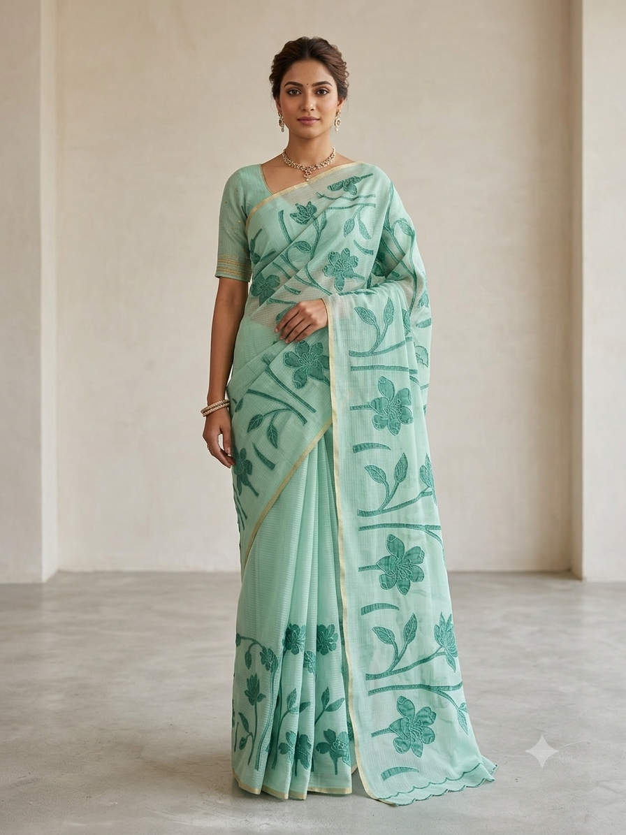 The Sage Botanical: Premium Light Linen Saree with Intricate Threadwork Vines