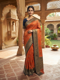 Rust Orange Banarasi Georgette Saree with Antique Zari Floral Jaal and Navy Contrast Border