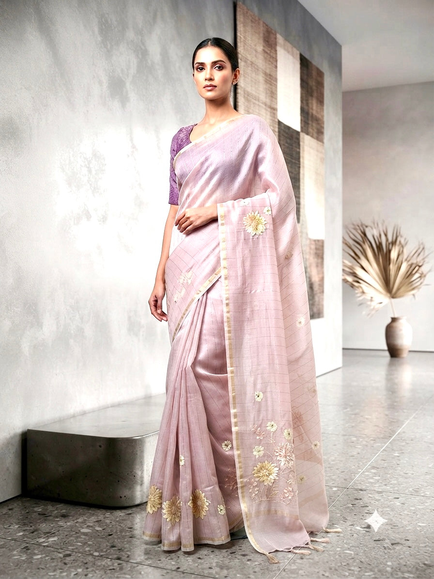 The Blush Petal: Premium Chanderi Silk Saree with Hand-Look Floral Thread Work