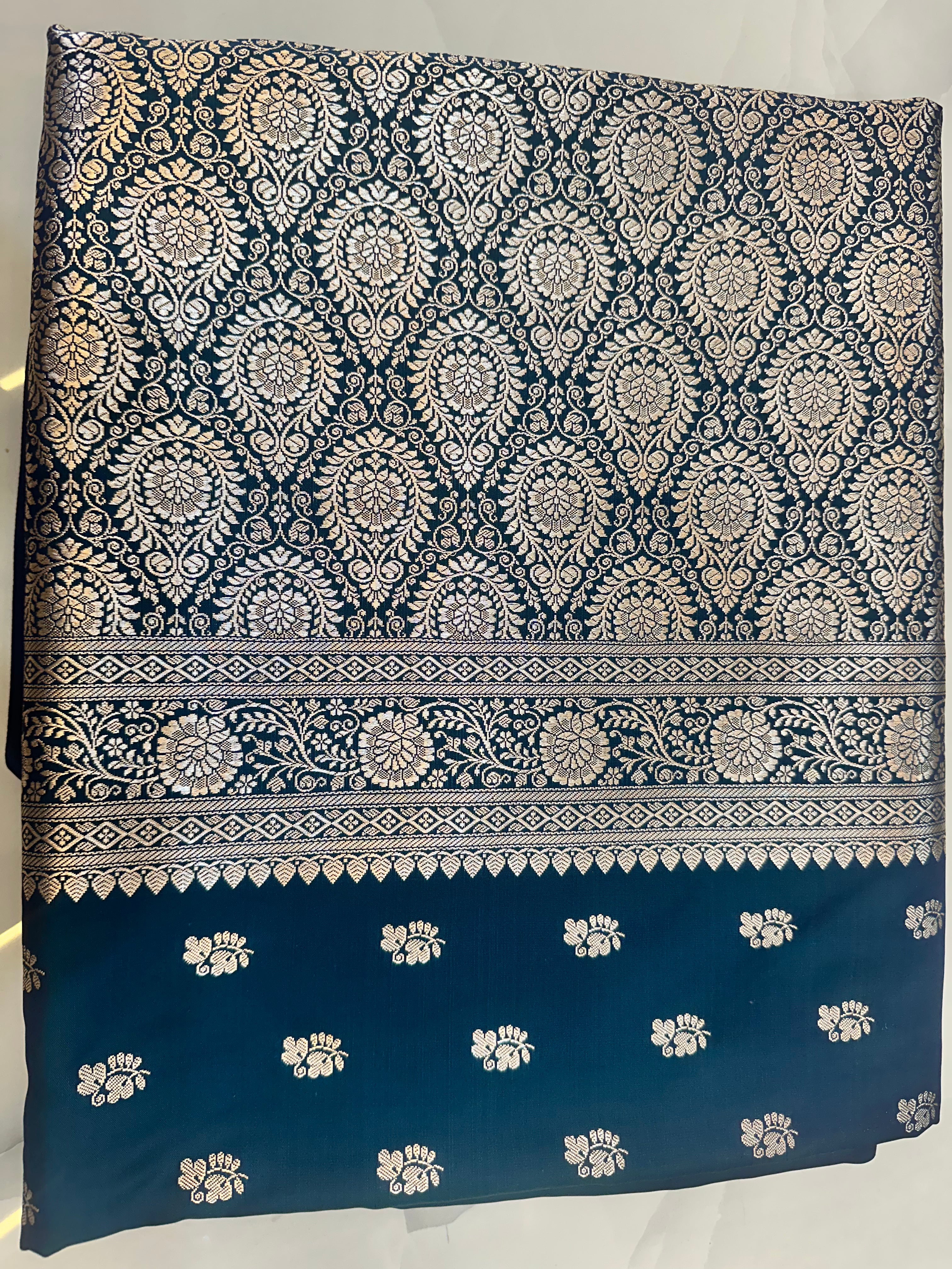 Peacock Blue Banarasi Mashru Silk Saree with Traditional Gold Pallu