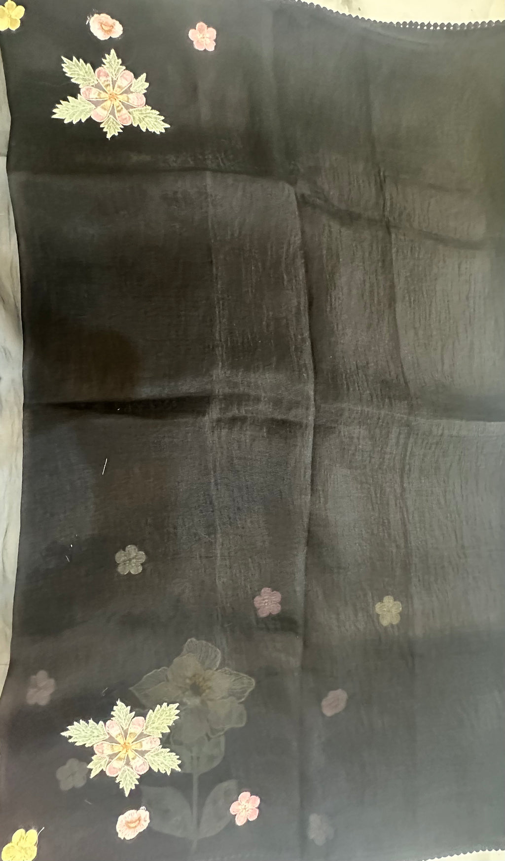 The Midnight Bloom: Premium Black Glass Tissue Saree with Raised 3D Applique Florals