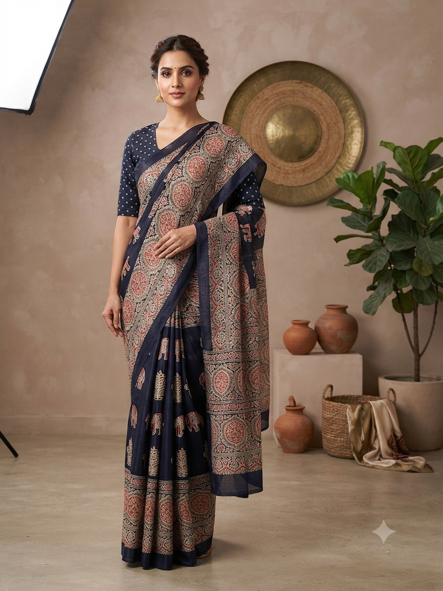The Sindh Heritage: Premium Indigo Modal Silk Saree with Traditional Ajrakh Geometry