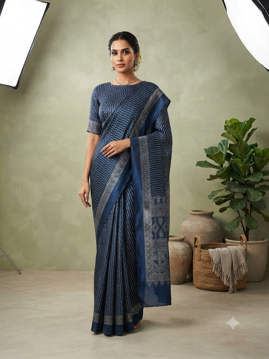 The Ocean Ripple: Deep Indigo Modal Silk Saree with Hand-Block Printed Accents