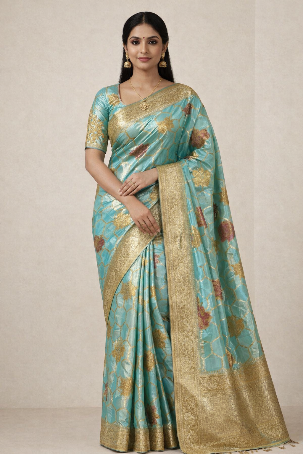 Elegant Firoza Blue Chinon Fabric Saree with Traditional Woven Border & Blouse