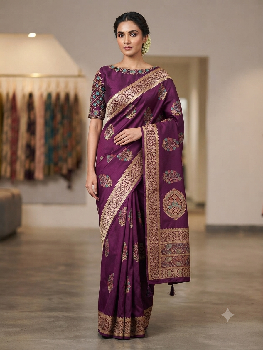 The Royal Plum: Premium Fancy Satin Saree with Meenakari Woven Paisley Motifs