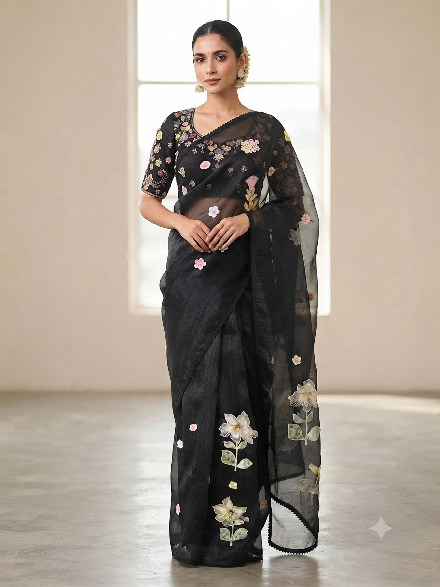 The Midnight Bloom: Premium Black Glass Tissue Saree with Raised 3D Applique Florals