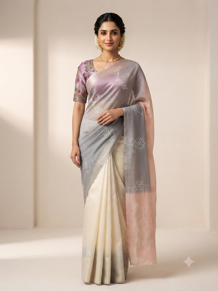 The Pastel Dawn: Premium Color-Blocked Chanderi Saree with Delicate Threadwork