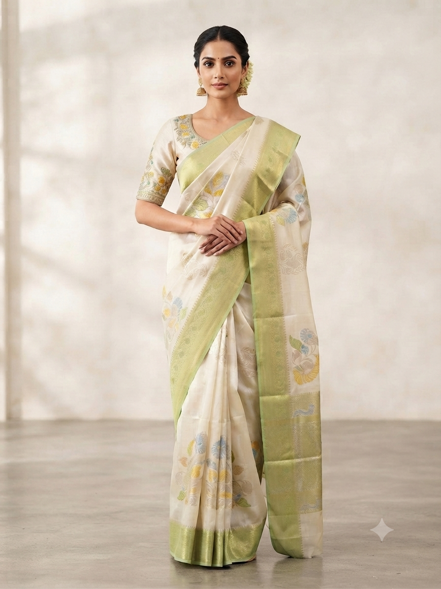The Ivory Meadow: Premium Off-White Semi Katan Saree with Soft Green Zari Border