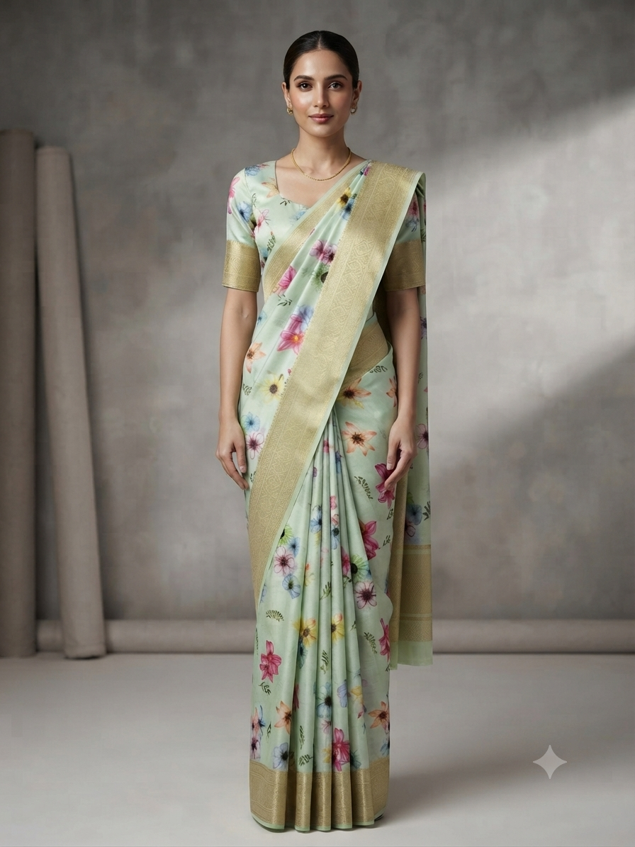 The Pastel Botanical: Premium Mint Chanderi Silk Saree with Traditional Zari Borders