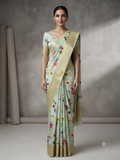 The Pastel Botanical: Premium Mint Chanderi Silk Saree with Traditional Zari Borders