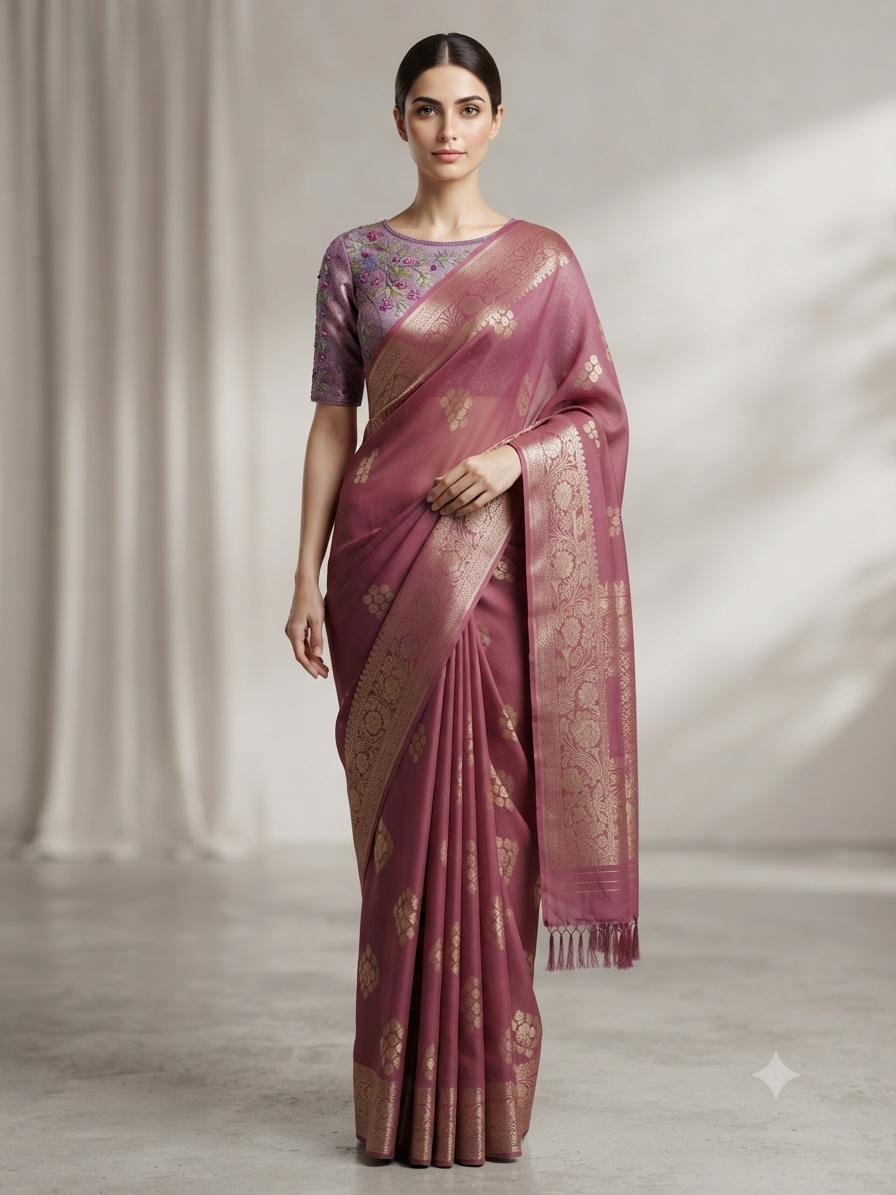 The Vintage Rose: Premium Fancy Georgette Saree with Traditional Banarasi Zari Work