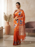The Aviary Meadow: Vibrant Orange Paper Silk Saree with Pastel Meenakari Birds