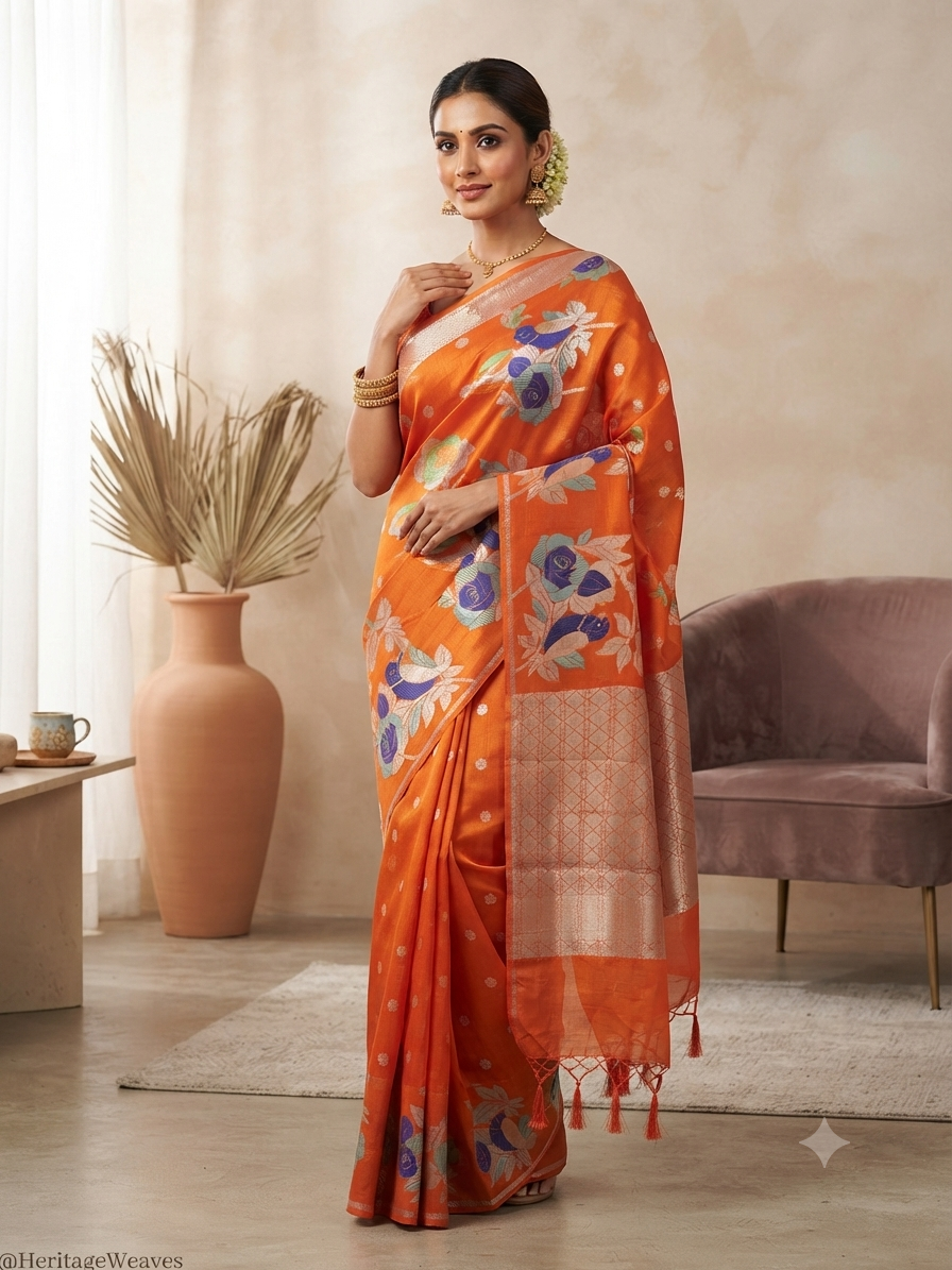 The Aviary Meadow: Vibrant Orange Paper Silk Saree with Pastel Meenakari Birds
