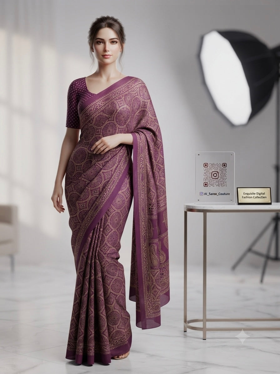 The Heritage Medallion: Premium Dusty Purple Modal Silk Saree with Traditional Ajrakh Art