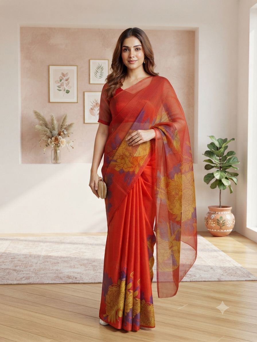 The Fusion Flora: Burnt Orange Satin and Organza Half-and-Half Saree