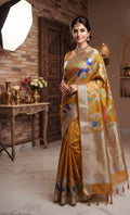 The Golden Grove: Elegant Mustard Paper Silk Saree with Pastel Meenakari Birds