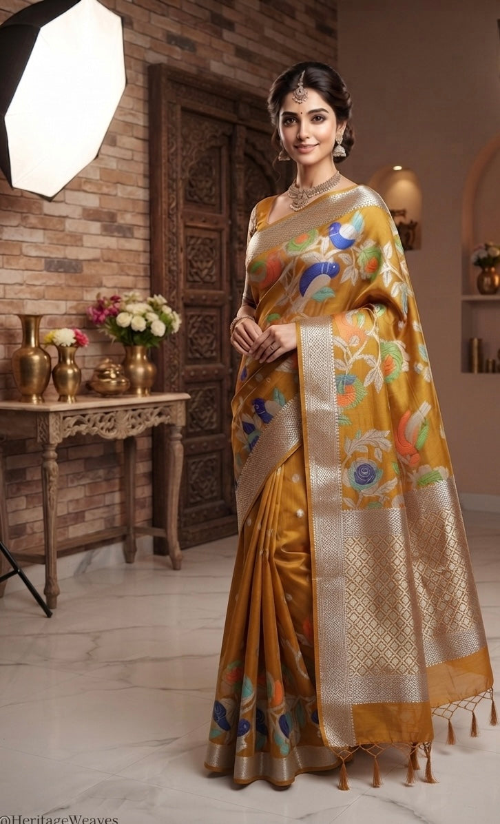 The Golden Grove: Elegant Mustard Paper Silk Saree with Pastel Meenakari Birds