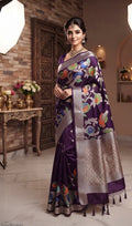 The Enchanted Aviary: Royal Wine Paper Silk Saree with Pastel Meenakari Birds