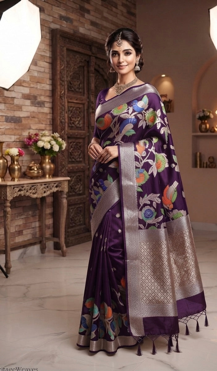The Enchanted Aviary: Royal Wine Paper Silk Saree with Pastel Meenakari Birds