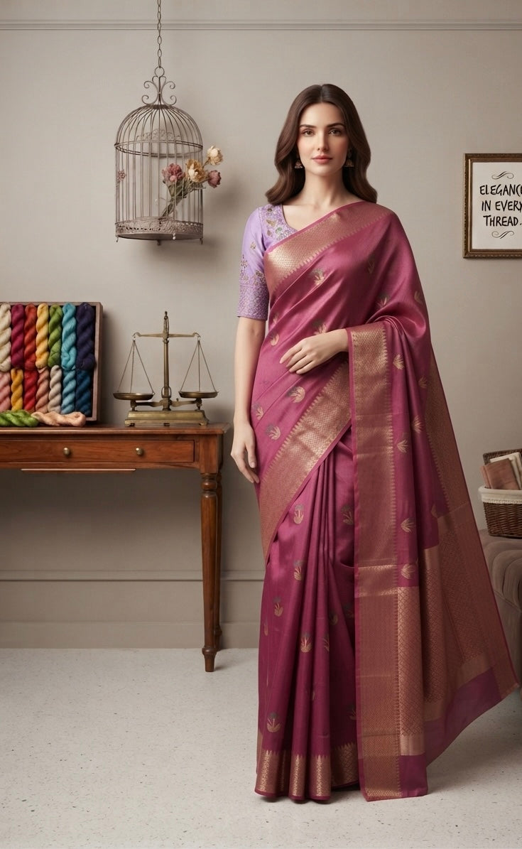 The Mauve Blossom: Premium Onion Pink Paper Silk Saree with Antique Zari Work