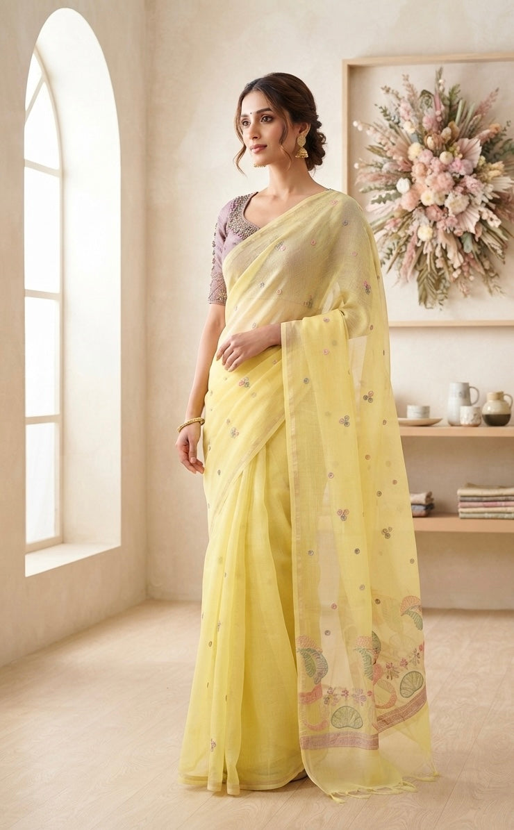 The Sunlight Meadow: Premium Yellow Chanderi Saree with Contrast Embroidered Blouse