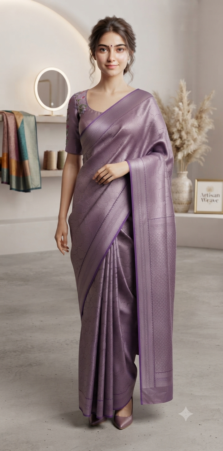 The Lilac Dusk: Premium Crepe Silk Brocade Saree with Subtle Tone-on-Tone Weaving