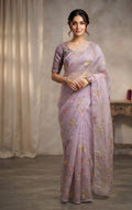 The Amethyst Bloom: Premium Lilac Glass Tissue Saree with Delicate Resham Work