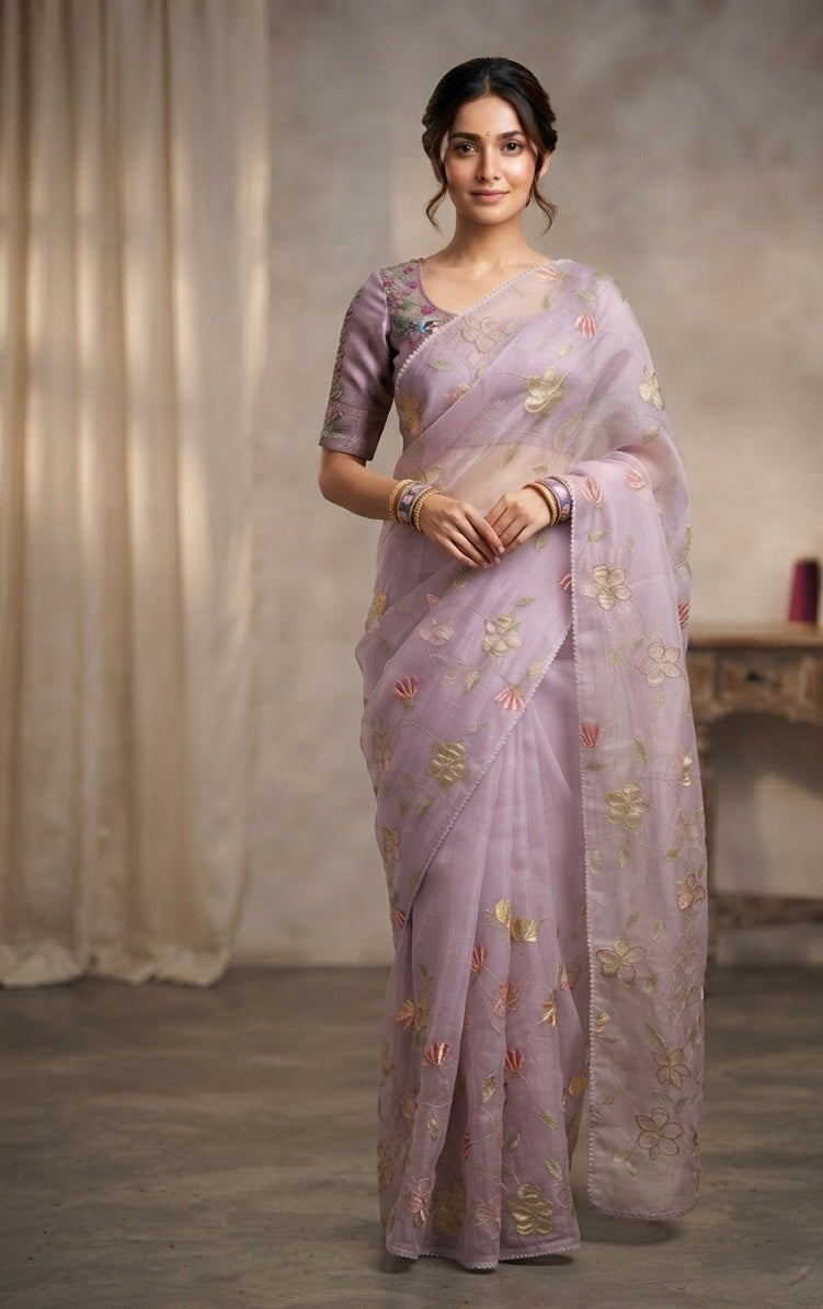 The Amethyst Bloom: Premium Lilac Glass Tissue Saree with Delicate Resham Work