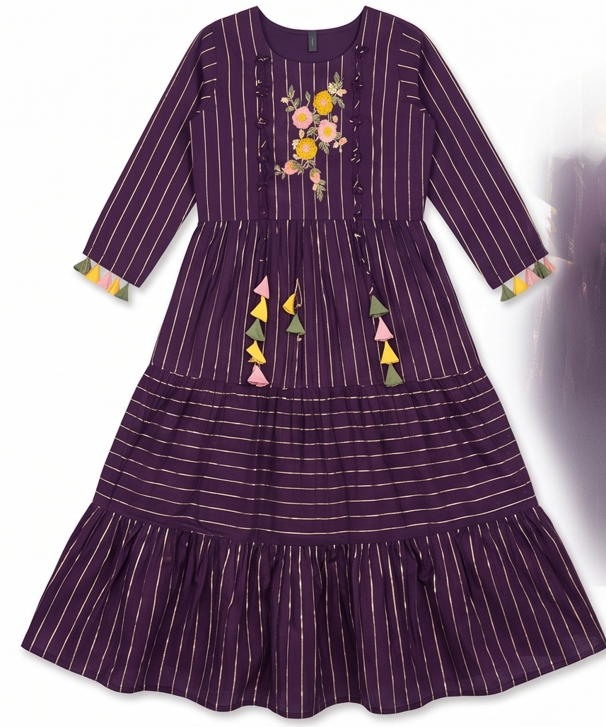 Wine Color Thread Work Long Frock